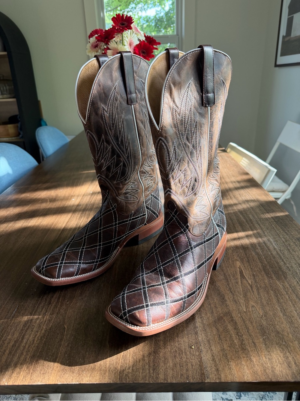 Men's Brown Leather Western Cowboy Boots - Quilted Stitch Detail